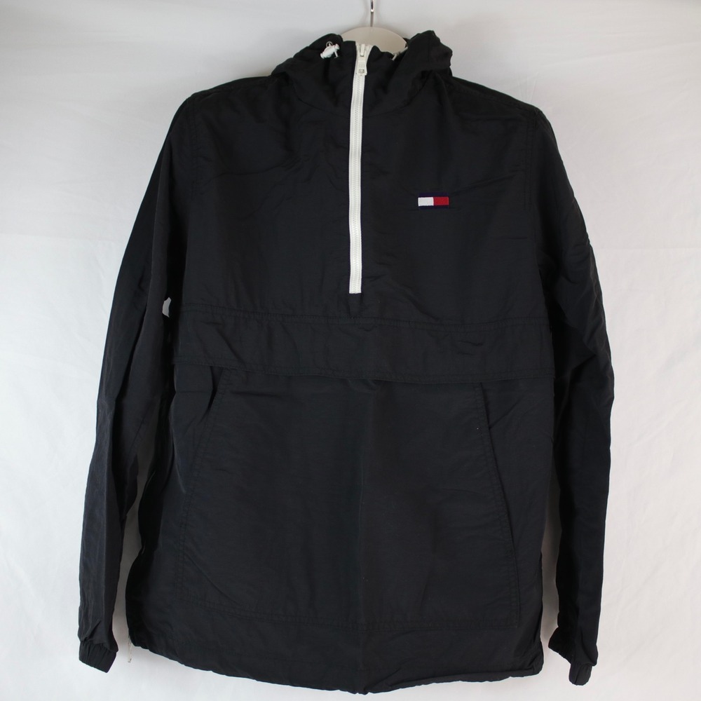 Tommy Hilfiger Black Windbreaker Quarter Zip Hooded Rain Jacket Men's Size S - Picture 2 of 7